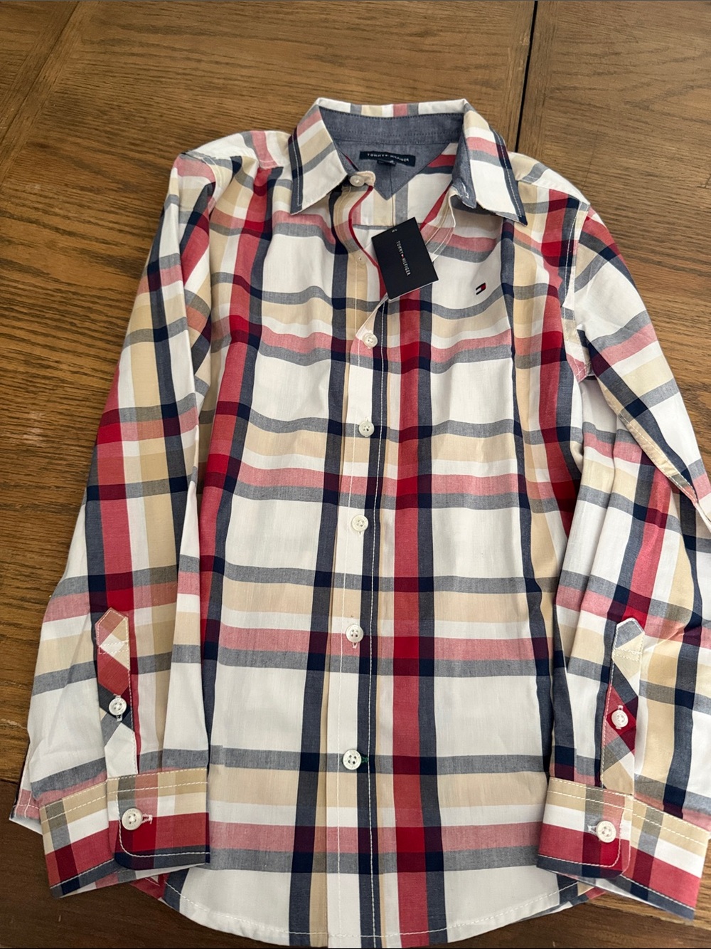 Tommy Hilfiger Red, Navy & Beige Plaid Button-Down Shirt M 10-12
